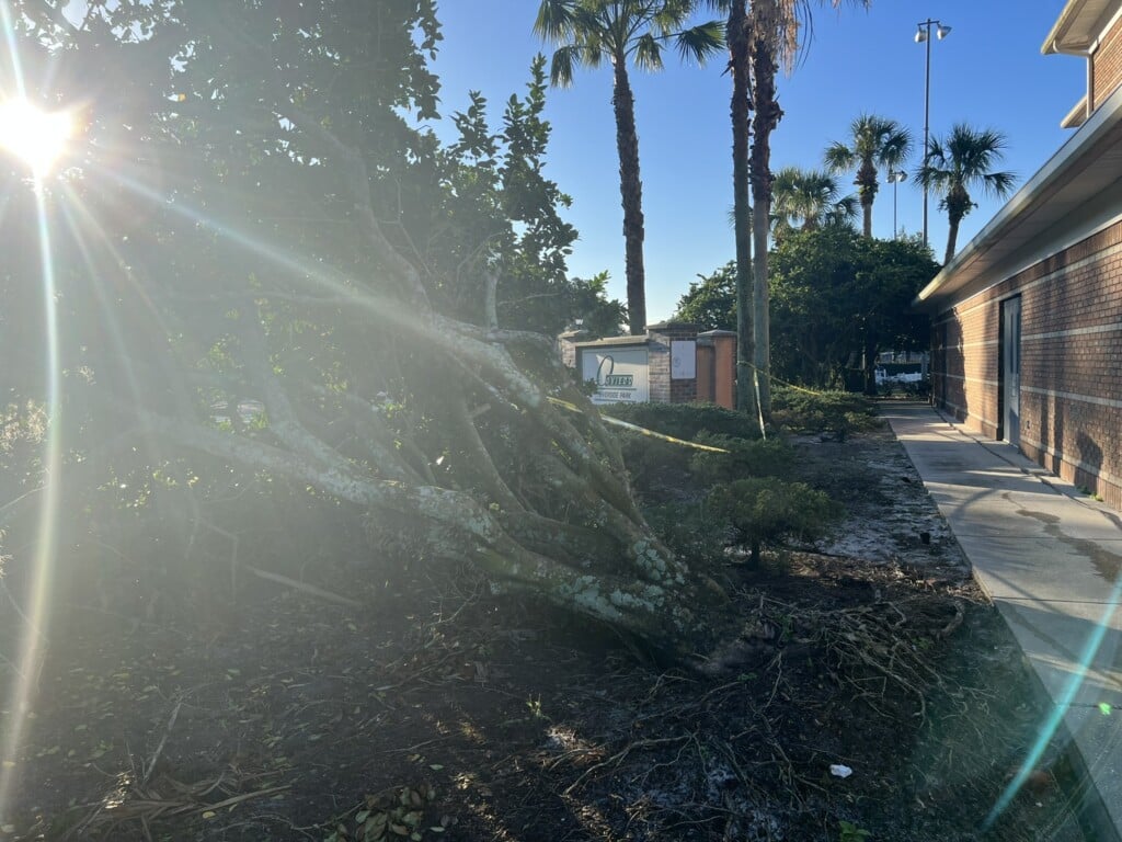 An image of the Riverside Park Community Center after it experienced damage from Hurricane Ian.