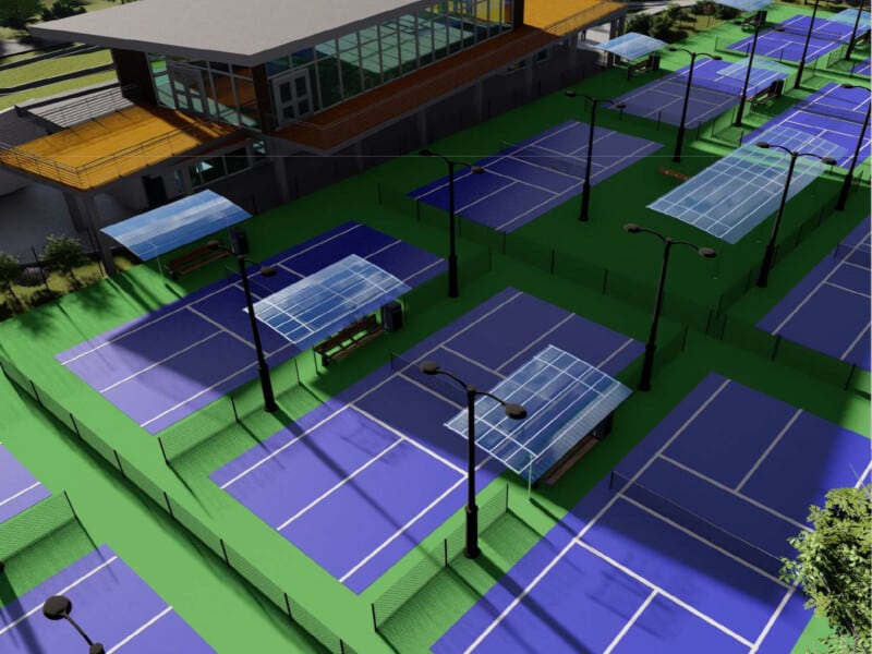 An image of pickleball courts and a modern facility are depicted because the project was suggested for potential state funding.