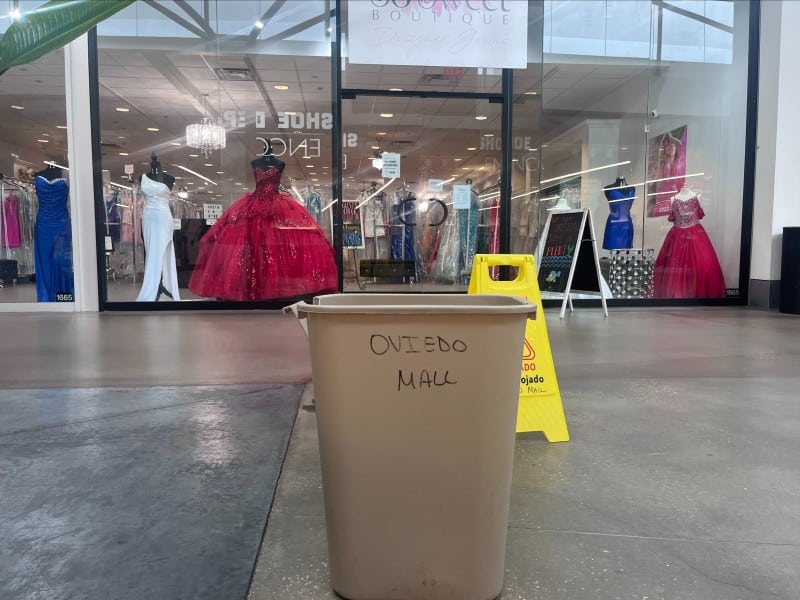 A photo of a bucket under a leak in the Oviedo Mall.