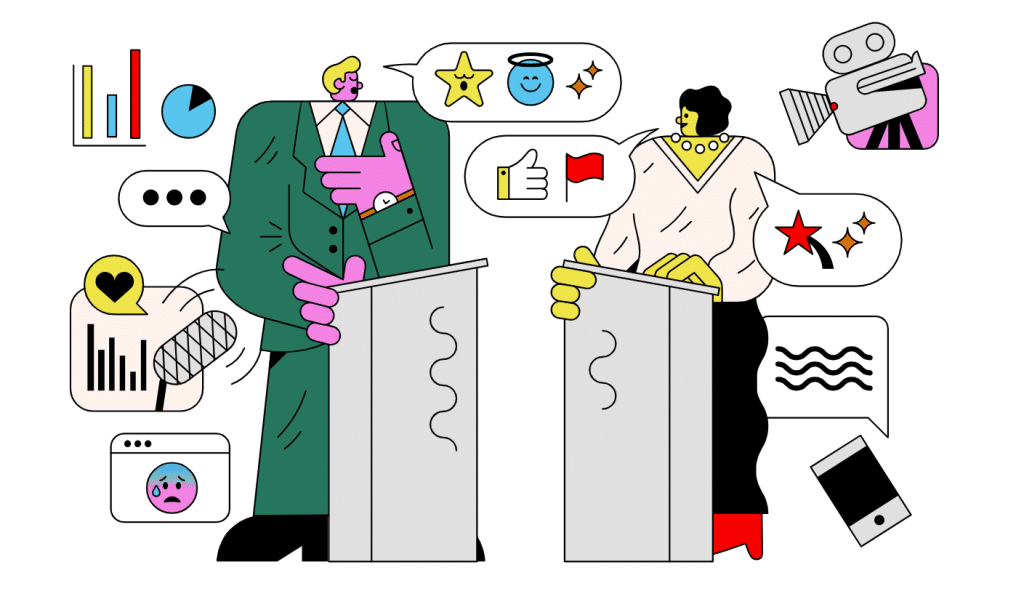 A drawing shows candidates debating. 